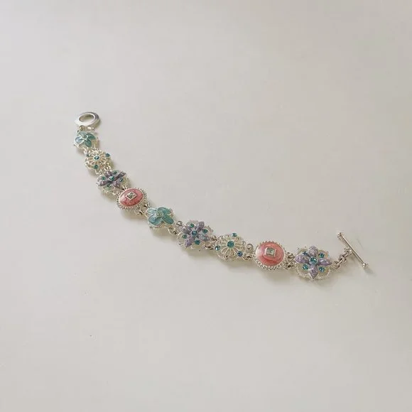 Napier Silver Tone Pastel Pink Blue Enamel Rhinestone Art Deco Chain Bracelet - Picture 4 of 9